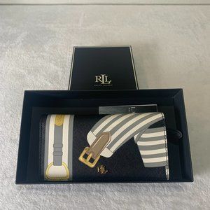 Lauren Ralph Lauren Printed Crosshatch Leather Slim Wallet Black Print New